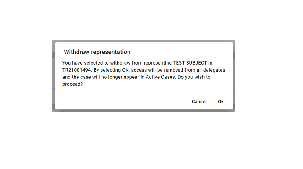 section to confirm withdrawl of representation
