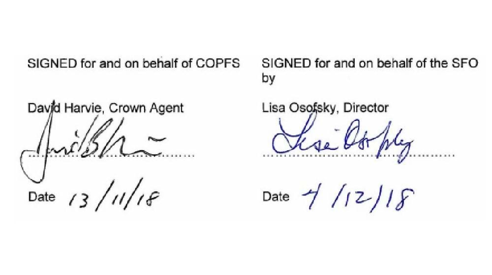 Signatures of COPFS' David Harvie, Crown Agent and the SFO's Lisa Osofsky, Director