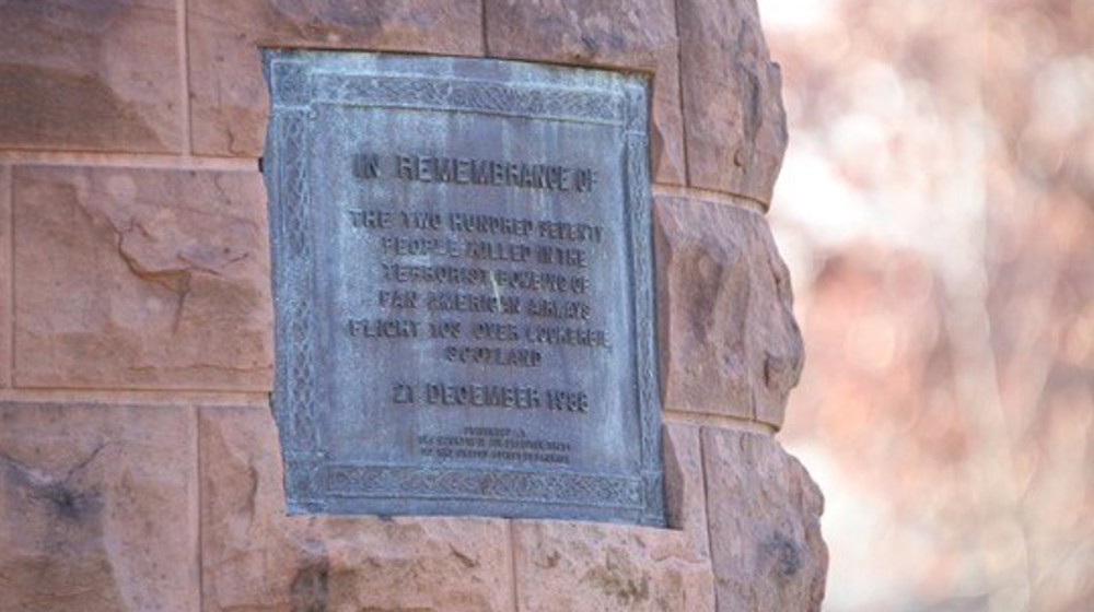 PanAm Memorial plaque that reads “In Remembrance of the two hundered seventy people killed in the terrorist bombing of Pan American Airways Flight 103 over Lockerbie, Scotland. 21 December 1988. Presented by The Lockerbie Air Disaster Trust to the United States of America