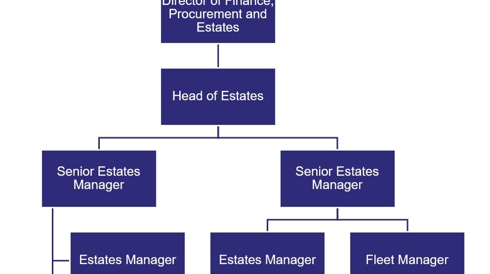 Chart showing the flow of governance in relation to etates management at COPFS starting from the Chief Operation Officer at the top down to the Estates Admin team and Health and Safety Manger.