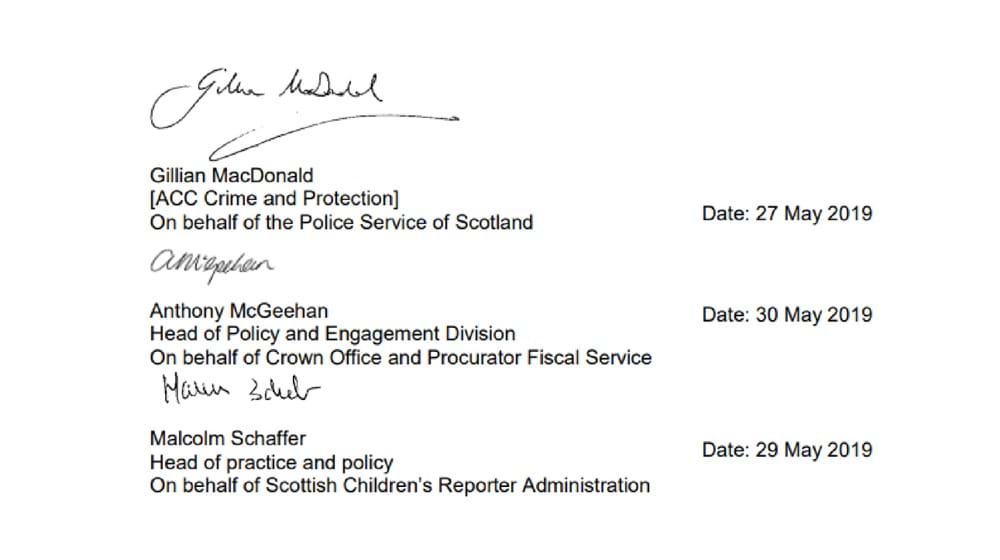 Signatures of Gillian MacDonald (Police Service of Scotland) Anthony McGeehan (COPFS) and Malcolm Schaffer (SCRA)